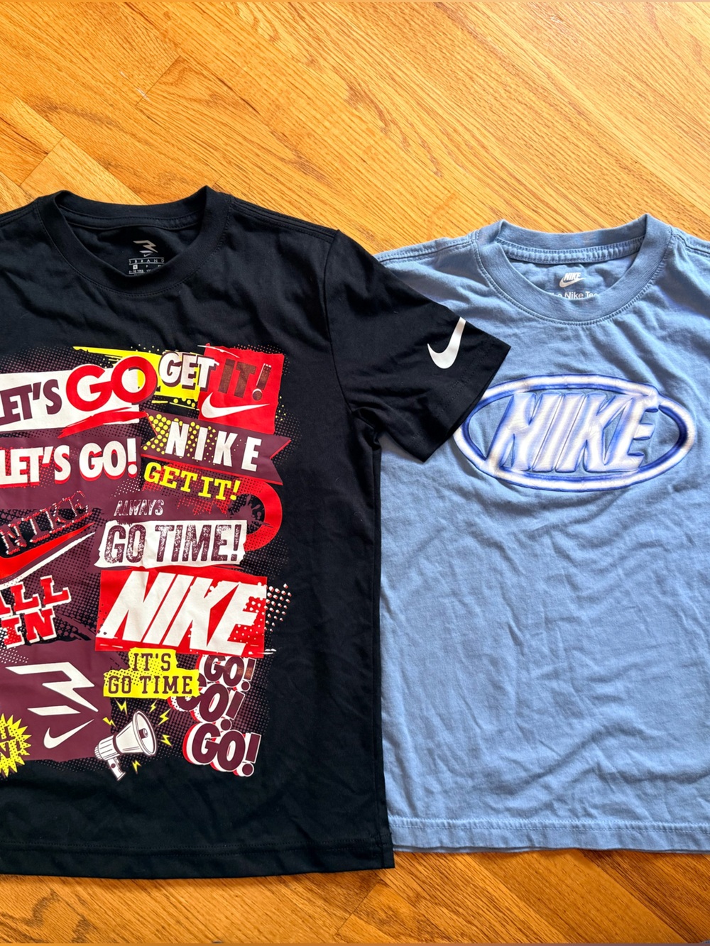 Two Nike Kids' Short Sleeve Graphic Tees - Black & Light Blue - size Small